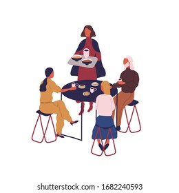 Group of cartoon people eating meal sitting at table isolated on white background. Colorful family spending time together at food court vector flat illustration. Woman bring tray with plate and cup