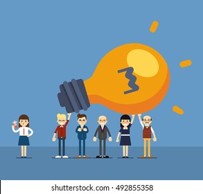 Group of cartoon people holding lightbulb, isolated vector illustration on blue background. Business success banner. New creative idea, innovation and solution, brainstorm concept. Teamwork banner