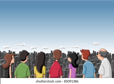 Group cartoon people looking / staring at big city