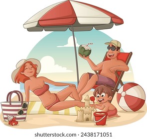 Grupo de personas de dibujos animados en la hermosa playa. Familia en la playa.
