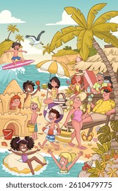Group of cartoon people on beautiful beach.