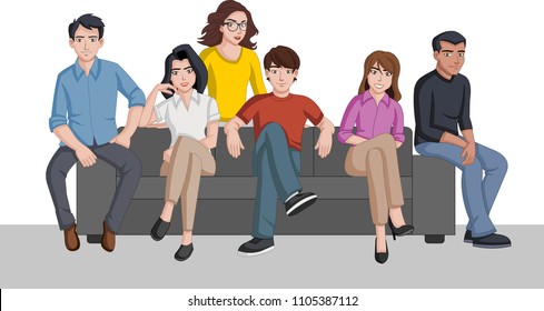 Group of cartoon people seated on a sofa