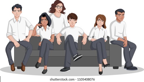 Group of cartoon people seated on a sofa