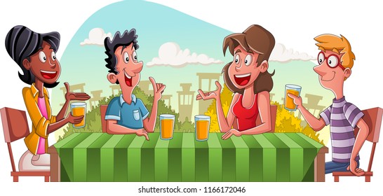 Group of cartoon people sitting at table. 

