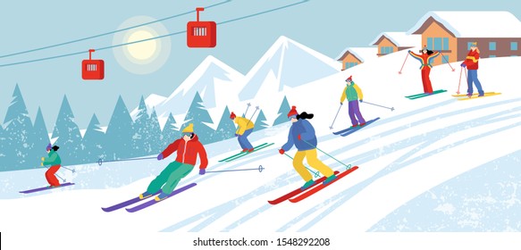 Group of cartoon people skiing downhill. Skiers in mountains. Sunny winter landscape. Flat vector illustration. Cute characters. 