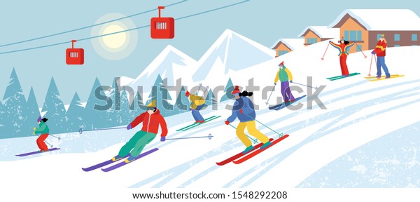 下り坂をスキーで滑る漫画の人々のグループ 山のスキーヤー 晴れた冬の風景 平らなベクターイラスト かわいい人 のベクター画像素材 ロイヤリティフリー