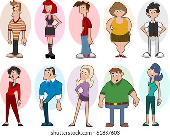 Group of cartoon people stand wearing colorful clothes