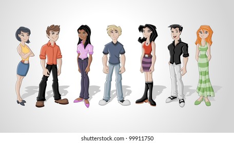 Group cartoon people. Teenagers.