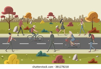 Group of cartoon people walking on the street
