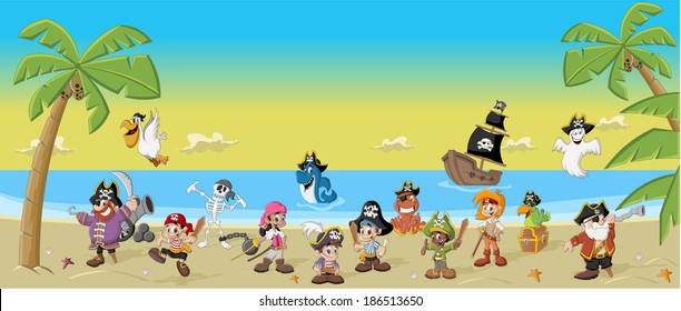 Group of cartoon pirates with funny animals on a beautiful tropical beach