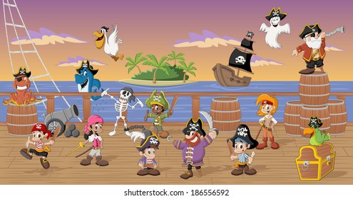 Group of cartoon pirates with funny animals on a decks of a ship