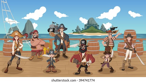 Group of cartoon pirates on a decks of a ship