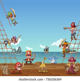 Group of cartoon pirates on a decks of a ship