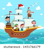 Group of cartoon pirates on a ship at the sea