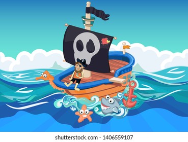 Group of cartoon pirates on a ship at the sea