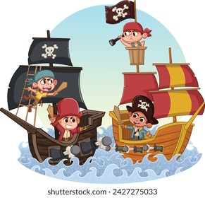 Group of cartoon pirates on a ships. Pirate kids fighting on boats.
