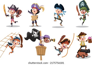 Group of cartoon pirates with swords.