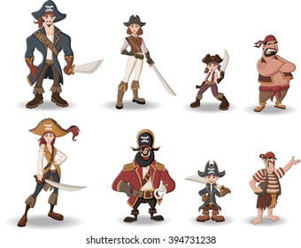 Group of cartoon pirates with swords.