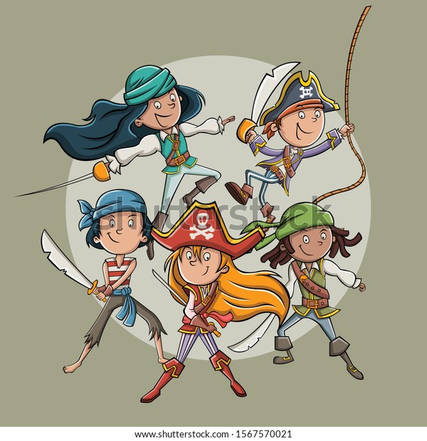 Group Cartoon Pirates Swords Stock Vector Royalty Free 1567570021 Shutterstock