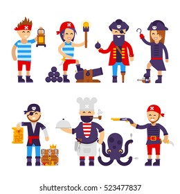 Group of cartoon pirates vector flat illustration. 