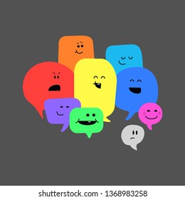 Group of cartoon rainbow bubbles with different emotions over dark gray. Vector minimalistic illustration.