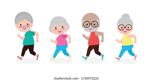 group of cartoon running old woman, man. Cartoon character. Old people activity. Vector gym or outdoor healthy lifestyle. Sport adult old people exercising  on white background Vector Illustration 