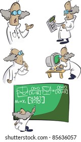 A group of cartoon science nerd characters in lab coats attempt to calculate everything!  Out lines over colour shapes. Each character individually grouped with the chalk board a separate group.