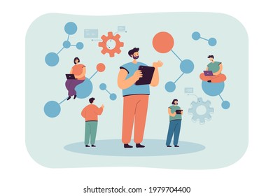Group of cartoon scientists conducting technological studies. Flat vector illustration. People researching artificial intelligence, complex algorithms, checking data. AI, science, technology concept