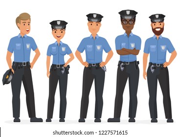 Group of cartoon security police officers. Woman and man police cops vector characters.