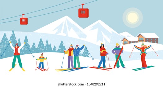 A group of cartoon skiers standing on the mountain in the ski resort. Sunny winter landscape. Flat vector illustration. Cute characters. 