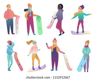 Group of cartoon snowboarders. People with snowboards. Trendy gradient flat color vector illustration. Winter active sport leisure.
