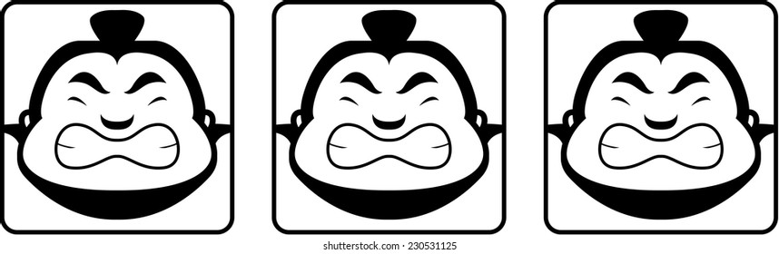A group of cartoon sumo heads looking angry.