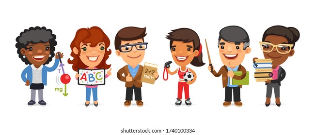 A group of cartoon teachers men and women characters in different poses stand on a white background. 
Physics, spelling, mathematician, physical education, school principal and librarian. Flat style.