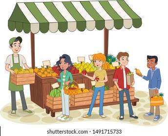 Group Of Cartoon Teenager Buying Fruits At A Street Market Stand. Local Farmer Selling Fresh Fruit On The Street Market. Natural Product. 
