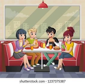 Group of cartoon teenagers eating junk food at diner table.