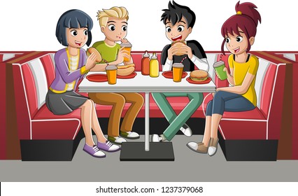 Group Of Cartoon Teenagers Eating Junk Food At Diner Table.