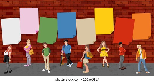 Group of cartoon teenagers in front of red brick wall background.