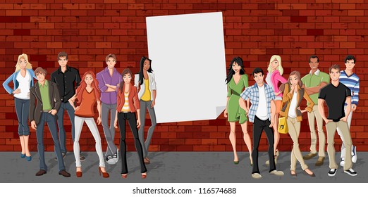 Group of cartoon teenagers in front of red brick wall background