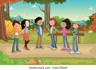 Group Of Cartoon Teenagers In A Park With Grass And Trees. Nature Landscape.


