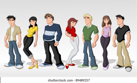 Group cartoon teenagers. Teen people.