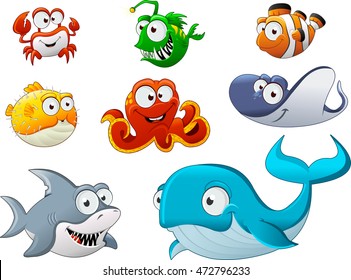 Group of cartoon underwater animal. Cartoon fish under the sea.
