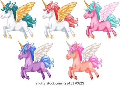 A group of cartoon unicorns with wings soar through the sky