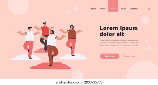 Group of cartoon women practicing yoga in gym. Flat vector illustration. Female characters exercising with teacher in gymnastics class. Physical activity, fitness, yoga, sport, health concept
