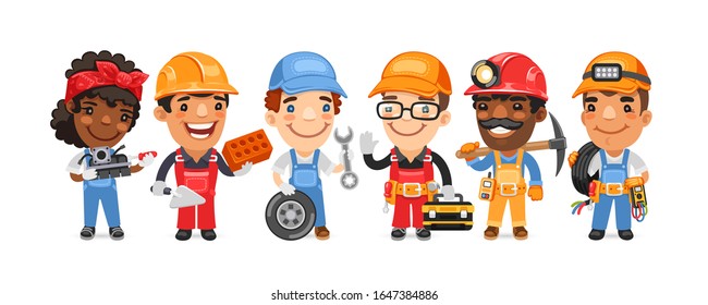 A group of cartoon worker characters with different professions stand on a white background. Mechanic, builder, tire fitting, locksmith, miner and cable man with tools. Flat style.