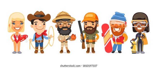 A group of cartoon worker characters with different professions stand on a white background. Lifeguard cowboy, archaeologist, huntsman, snowboard instructor and diver with tools. Flat style.