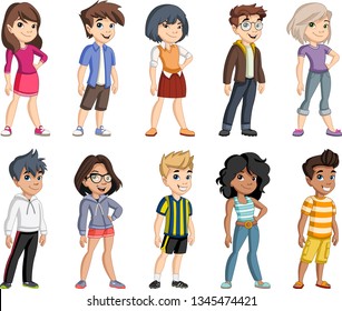 Group of cartoon young children. Teenagers.