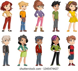 Group of cartoon young children. Teenagers.