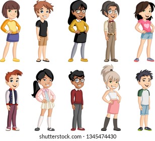 Group of cartoon young children. Teenagers.