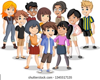 Group of cartoon young children. Teenagers.
