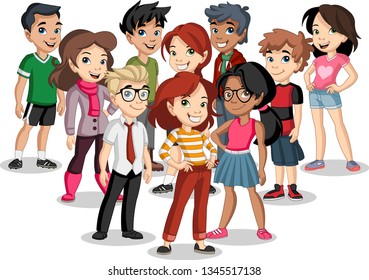 Group of cartoon young children. Teenagers.
